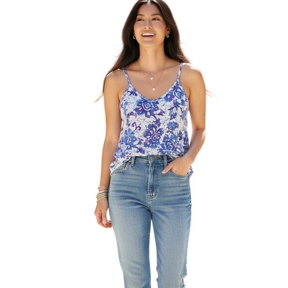 Roxy Tank Top White Blue Purple Pattern V‑Neck Scoop Back M NWT - Picture 10 of 10